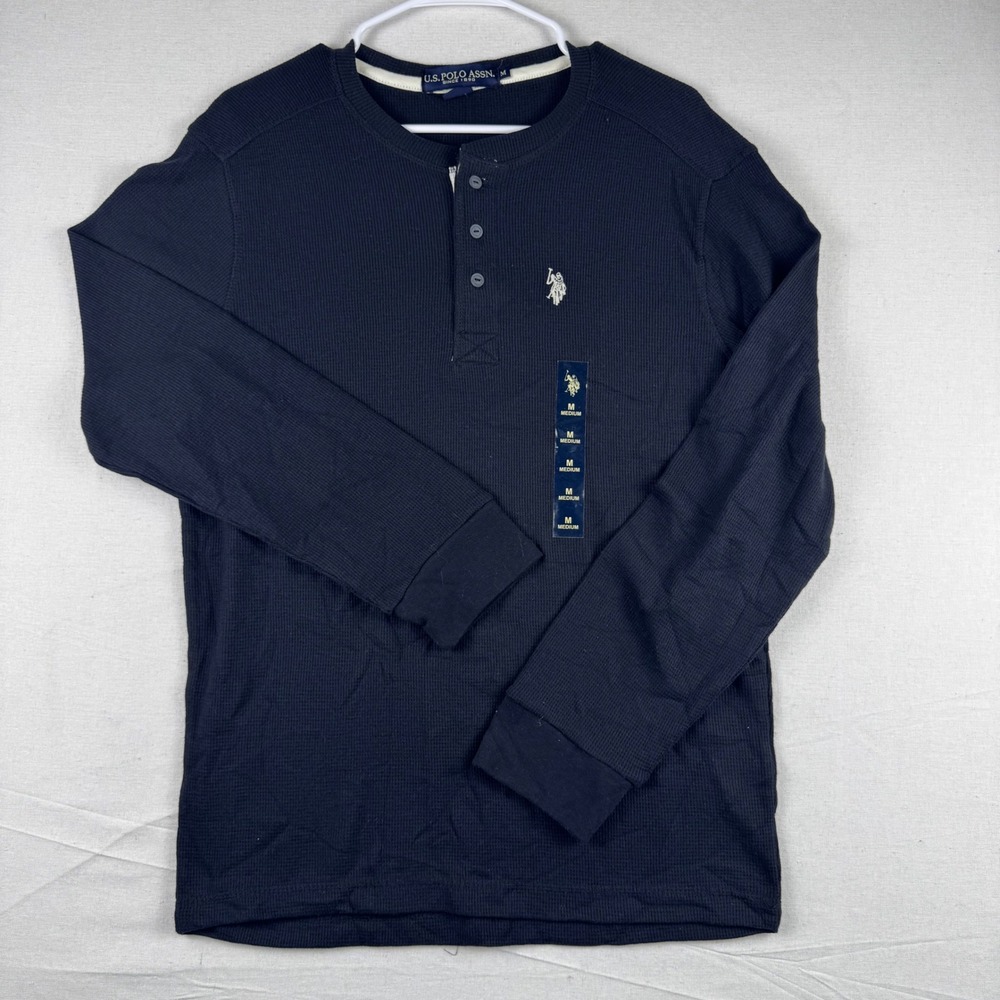 US Polo Assn Men Black Waffle Knit Henley Long Sleeve Shirt 11C83583 Size M